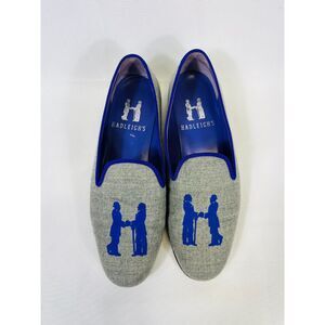 Hadleigh's Slip on Smoking Loafers Gray Linen Purple Needlepoint 36.5 US 6
